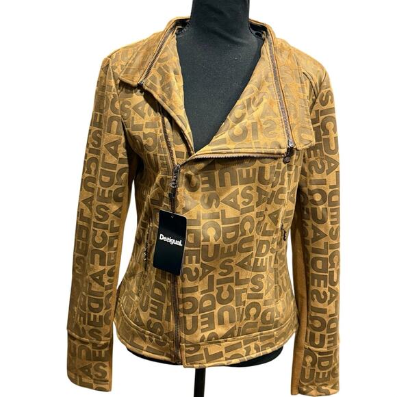 NWT Desigual Chaq_Lou Brown Logo Print Faux Suede Moto Jacket Size 40 (M) - Picture 4 of 16